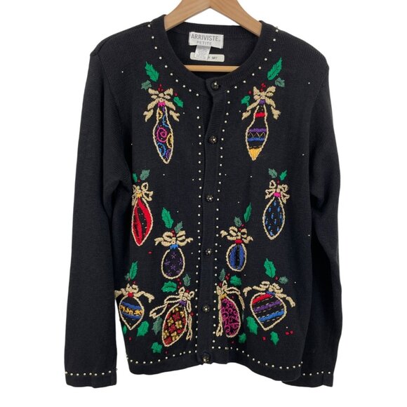 Arriviste Petite Black Beaded & Embroidered Holiday Cardigan Sweater - Picture 1 of 13